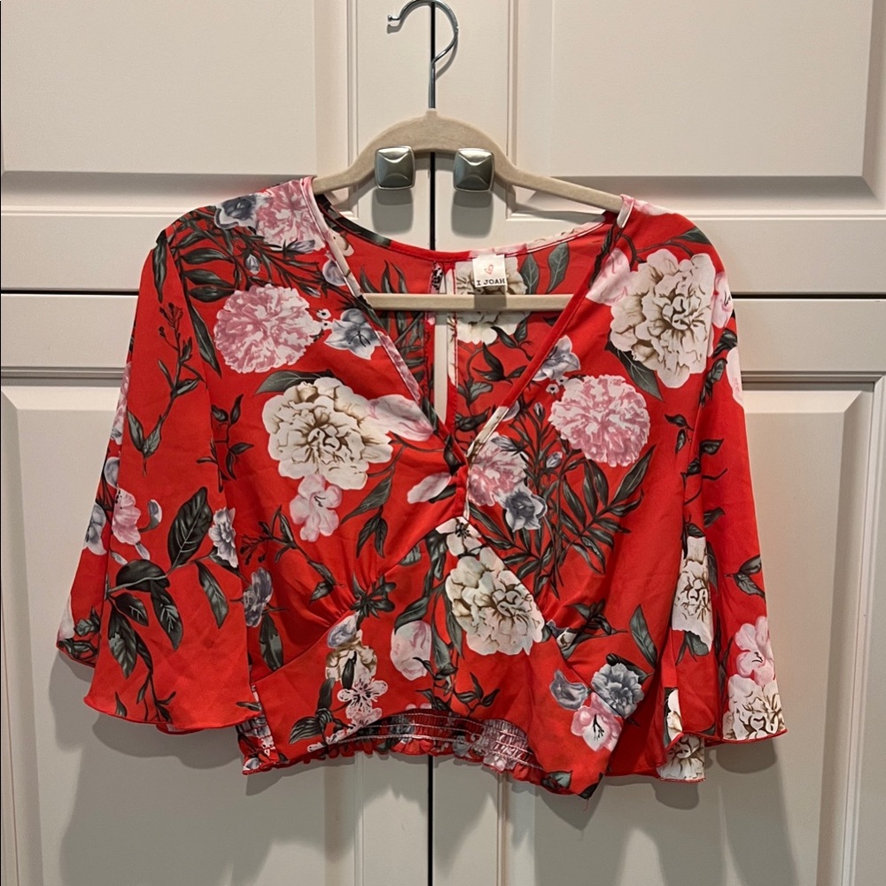 J.O.A. Red Floral Wrap Blouse